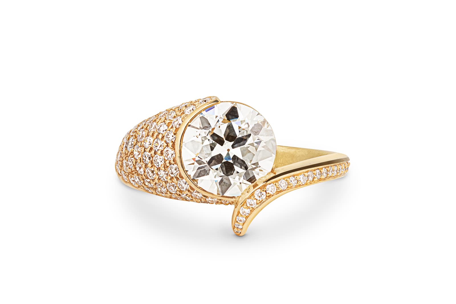  Jessie Thomas 18k gold ring with a 2 carat old-cut diamond and pavé diamonds