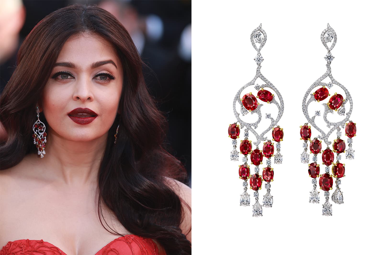  Aishwarya Rai Bachchan in ruby and diamond earrings by Faidee