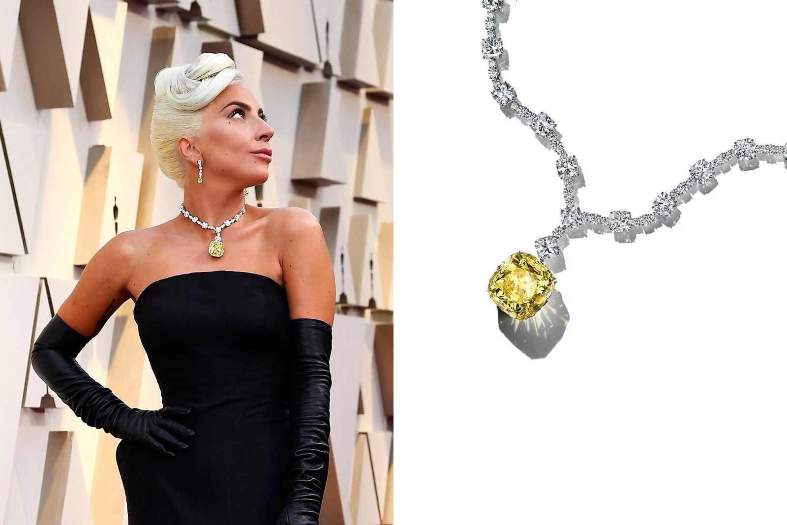  Lady Gaga on the red carpet wearing a necklace by Tiffany & Co. set with the 'Tiffany Diamond' - a 128.54-carat fancy yellow stone