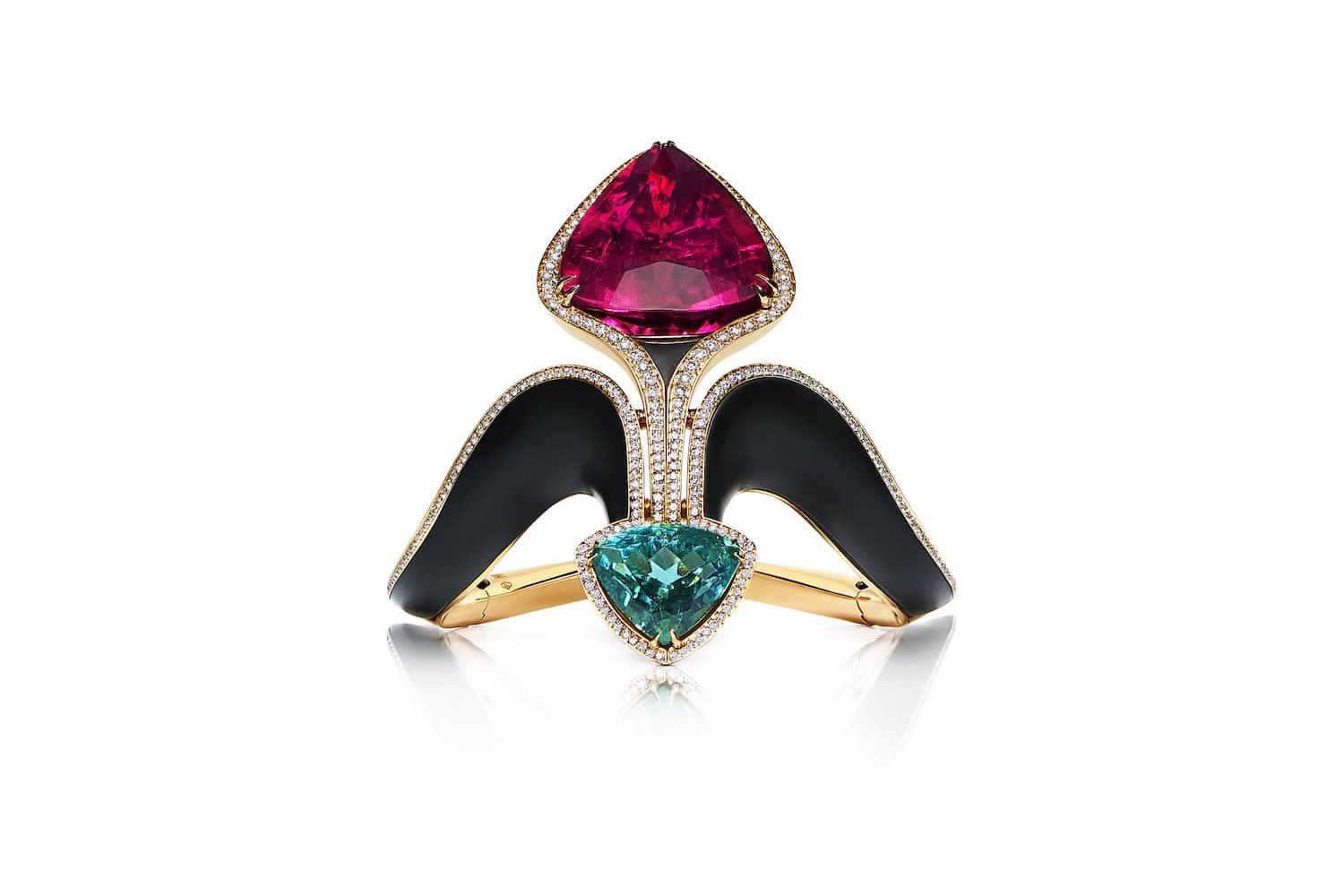  VMAR Fleur de Lys cuff bracelet in yellow gold, ebony wood, rubellite and green tourmaline, accented with diamonds