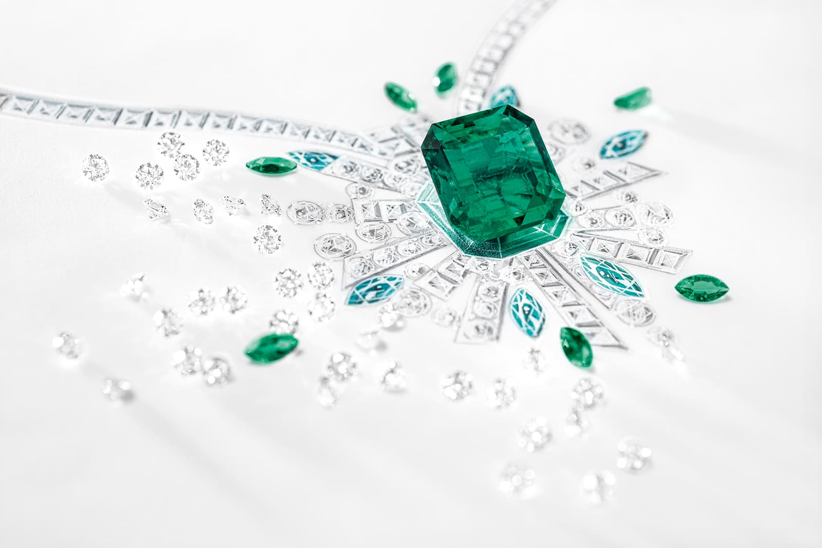 Piaget Magical Aurora necklace in the design phase with a 16.84 carat Colombian emerald