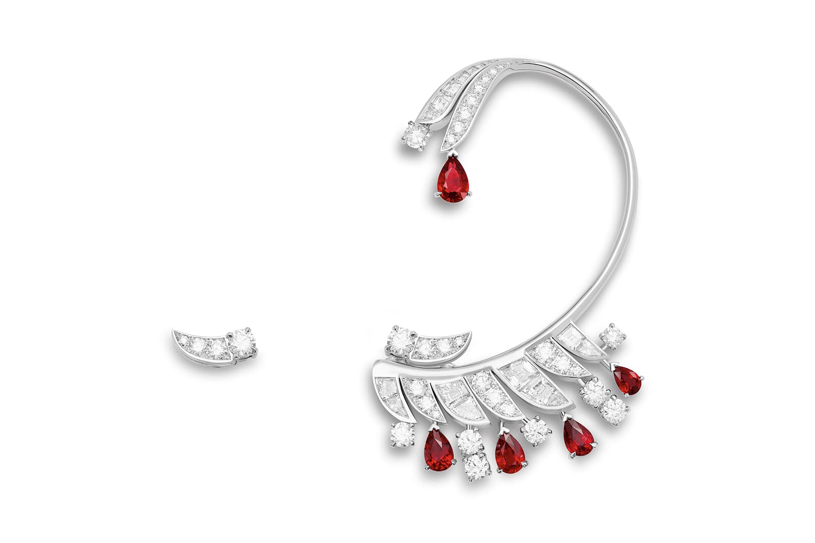  Piaget Blazing Night asymmetric ear cuff and stud earring with rubies and diamonds from the Extraordinary Lights High Jewellery Collection