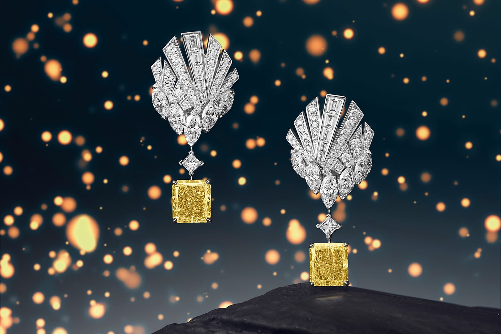  Piaget Blissful Lights earrings with radiant-cut fancy intense yellow diamonds from the Extraordinary Lights High Jewellery Collection
