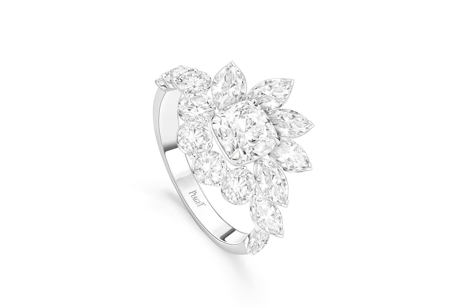  Piaget cushion-cut diamond ring with pear- and round-cut diamonds from the Extraordinary Lights High Jewellery Collection