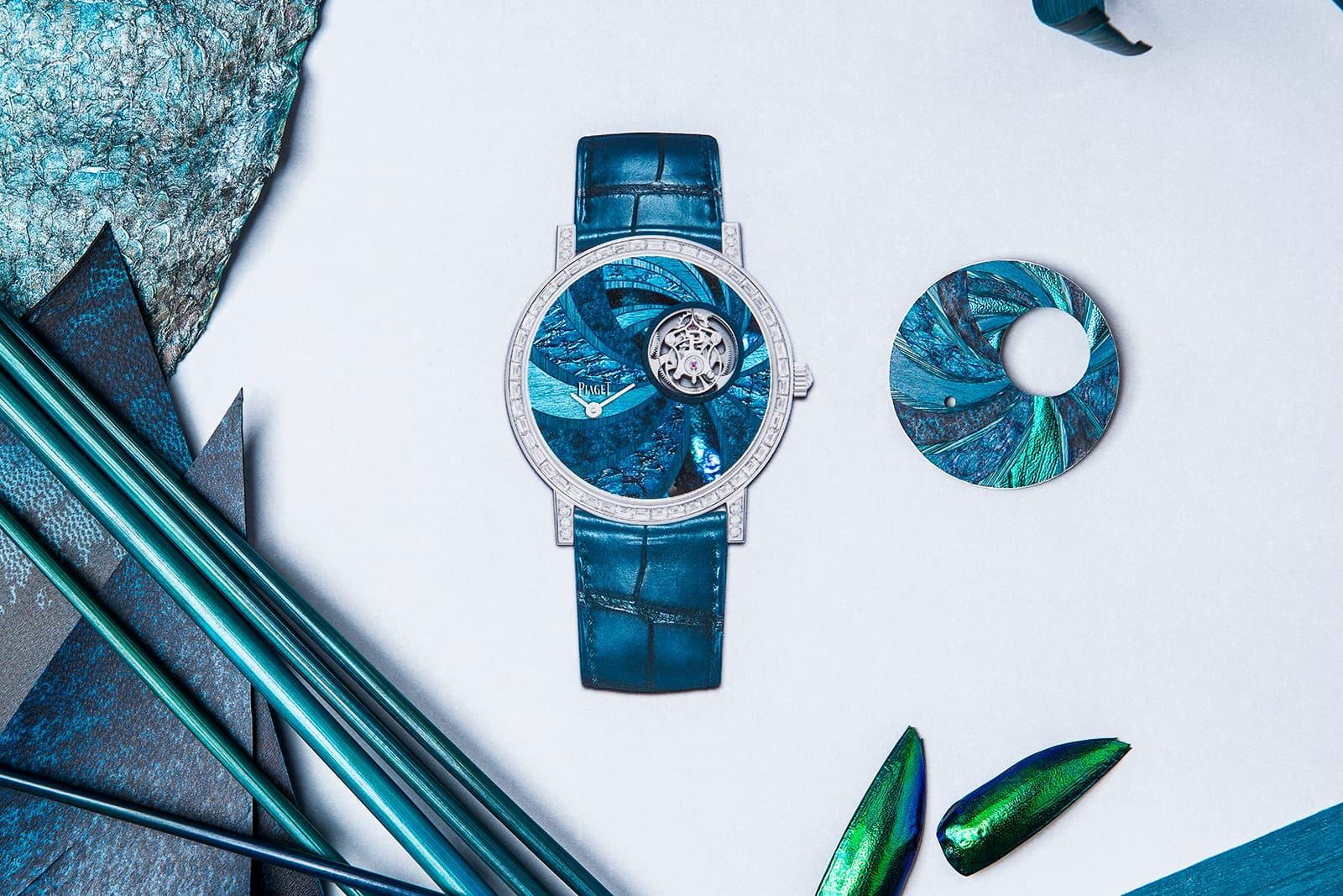 Piaget Celestial Dance watch with blue straw, leather, parchment, elytron and hornbeam marquetry from the Extraordinary Lights High Jewellery Collection