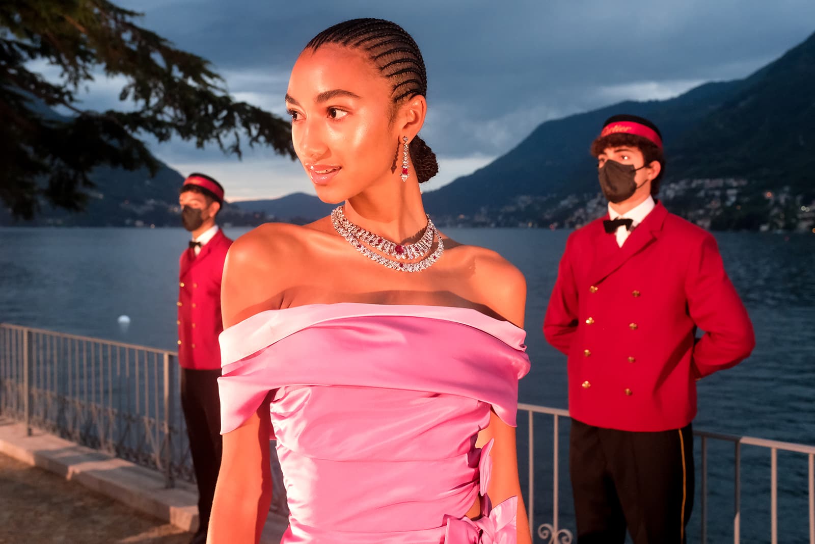  A model wears Cartier High Jewellery at the launch of the Sixième Sens par Cartier High Jewellery Collection in Lake Como, Italy