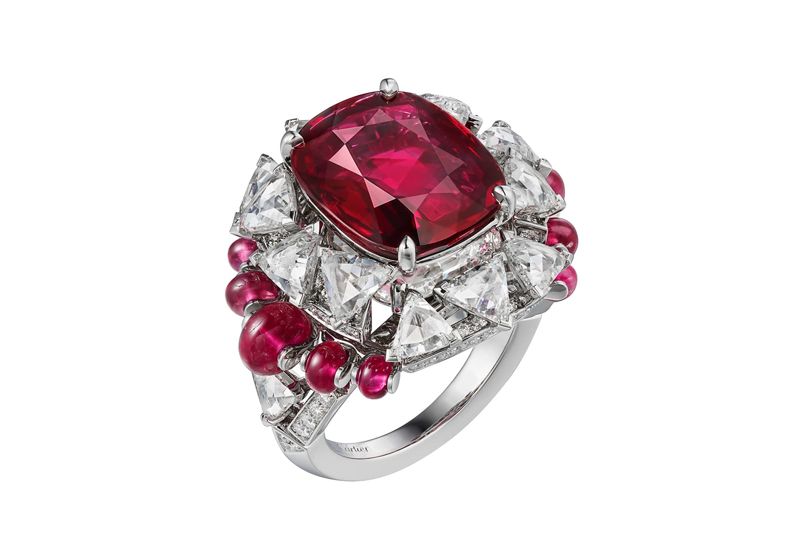 The Cartier Phaan ring from the Sixième Sens par Cartier High Jewellery Collection with an 8.20 carat ruby and a 4.01 carat rose-cut diamond set directly beneath