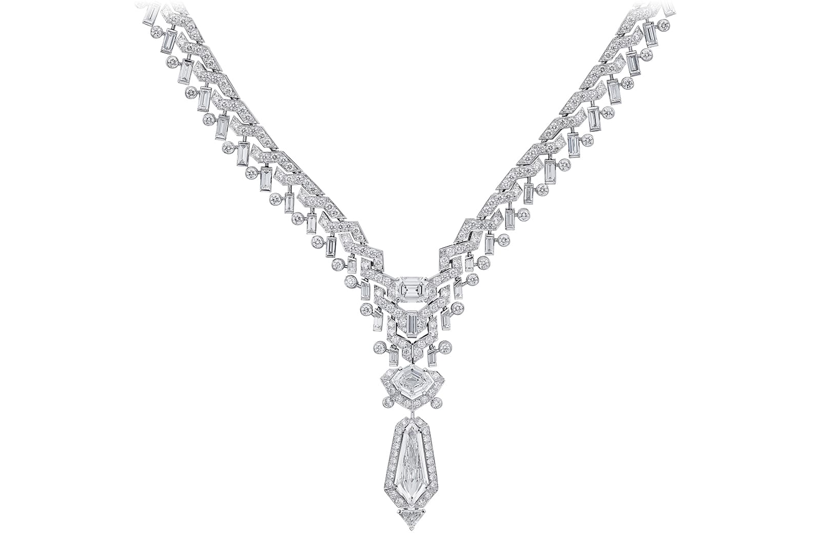  The Cartier Coruscant necklace from the Sixième Sens par Cartier High Jewellery Collection has a graphic shape that’s elevated with a variety of diamond cuts, including kite, octagon and emerald