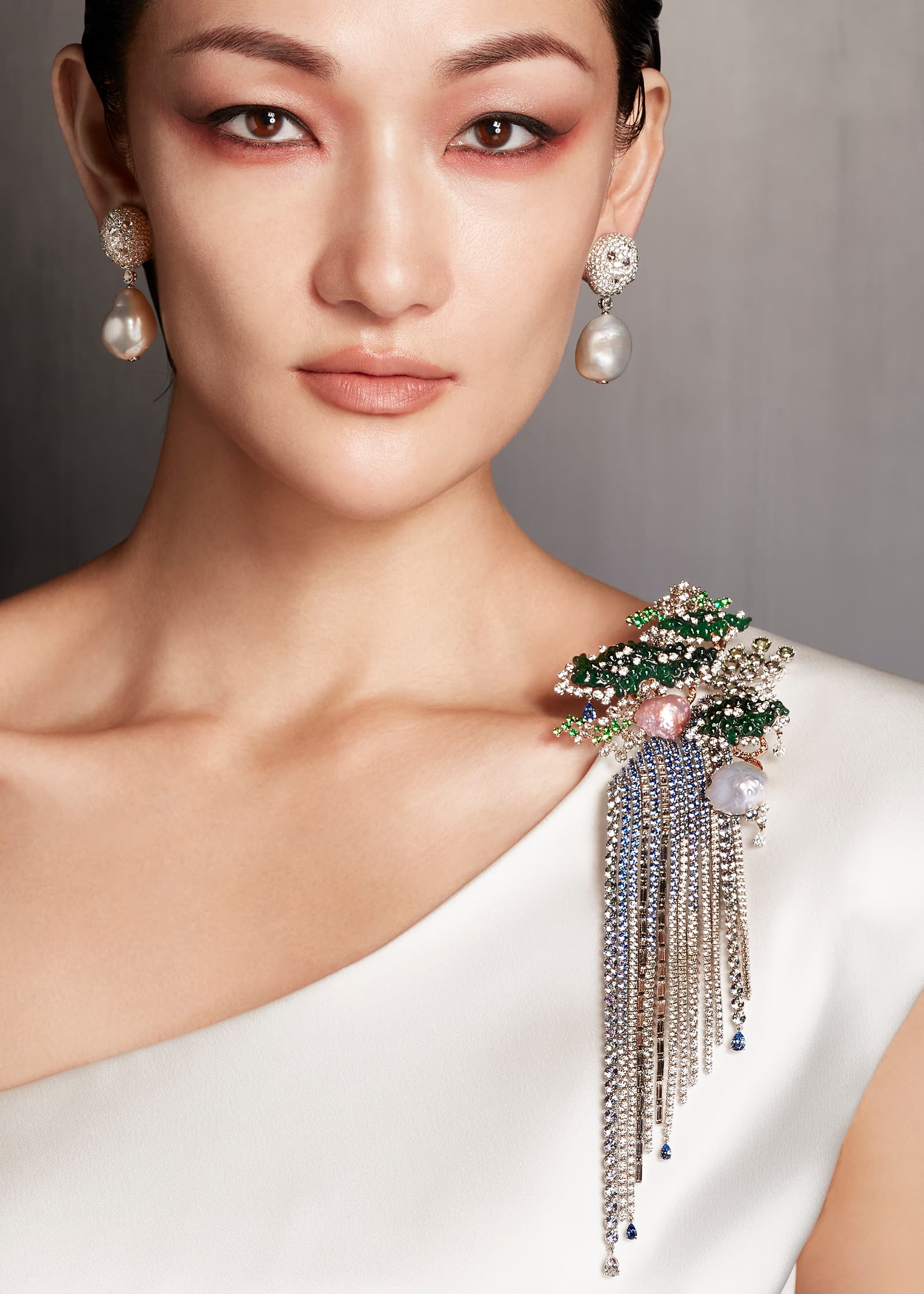 Mikimoto 'The Japanese Sense of Beauty' High Jewellery Collection brooch in 18k white and pink gold with freshwater natural pearls, jadeite, zoisite, emerald, sapphire and diamonds