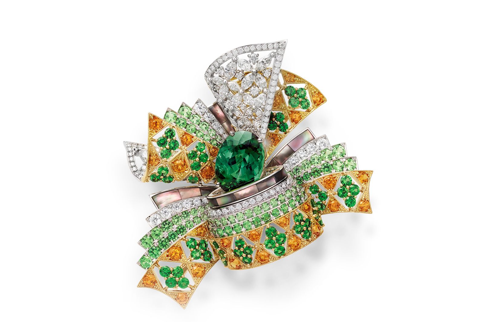 Mikimoto 'The Japanese Sense of Beauty' High Jewellery Collection brooch in 18k white and yellow gold, tourmaline, garnet, diamond and mother of pearl
