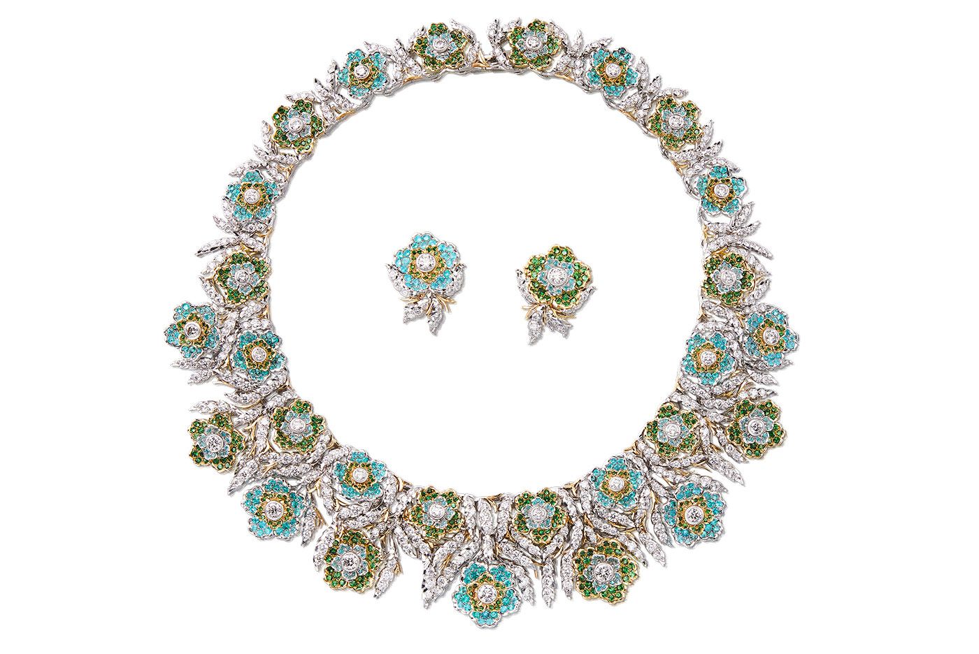 Buccellati Centaurea necklace and matching earrings with Paraiba tourmalines, tsavorite garnets and diamonds from the Il Giardino di Buccellati High Jewellery collection