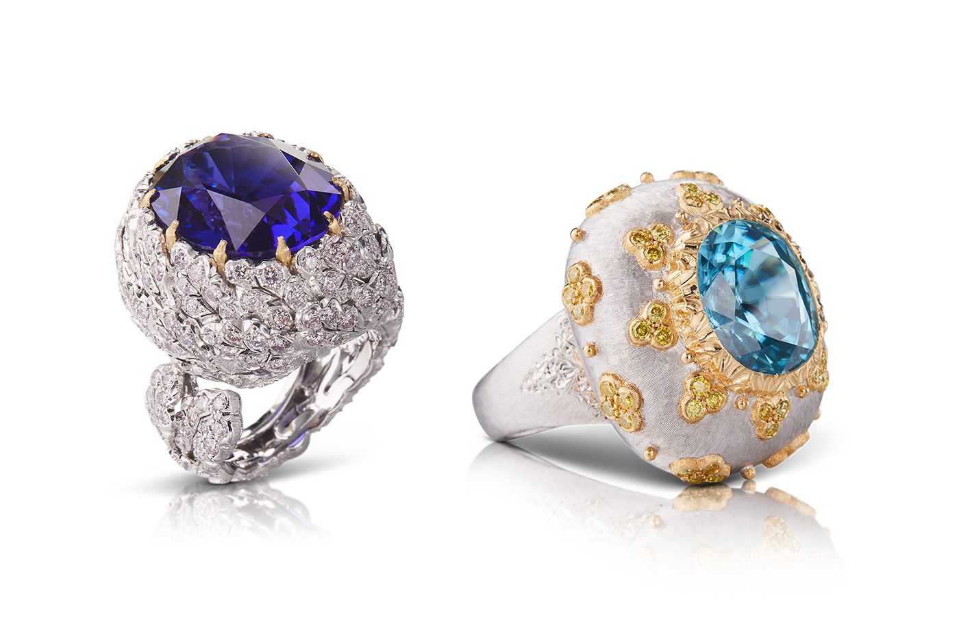  The Buccellati Agapanto cocktail ring with an 18.87 carat tanzanite and the Agerato cocktail ring with a 12.09 carat zircon from the Il Giardino di Buccellati High Jewellery collection