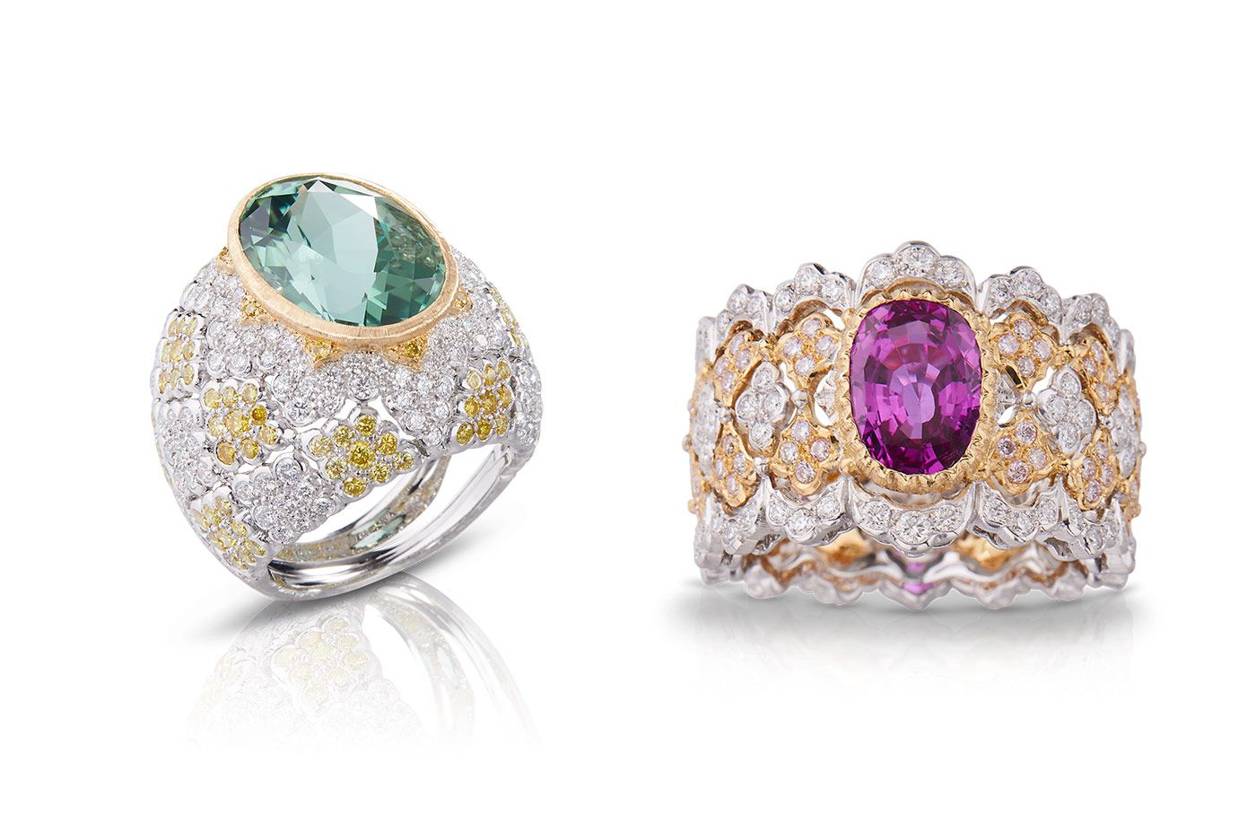 The Buccellati Aucuba cocktail ring with a 11.68 carat green tourmaline and the Petunia Band ring with a 2.54 carat sapphire from the Il Giardino di Buccellati High Jewellery collection