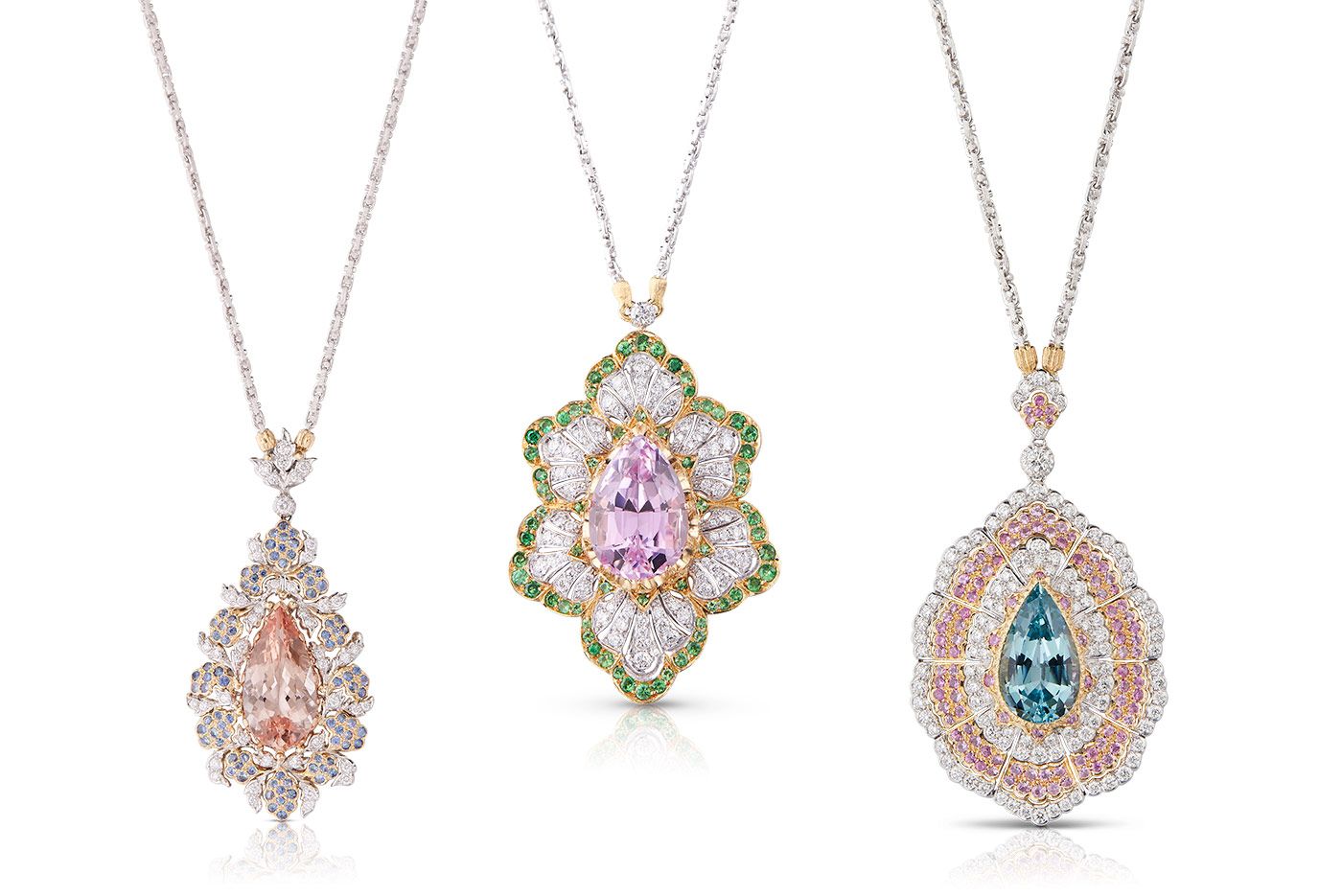  A trio of Buccellati pendants including the Augusta Luise pendant with a 9.37 carat morganite, the Amaranto pendant (centre) with a 10.75 carat kunzite, and the Leilani pendant with a 7.68 carat aquamarine from the Il Giardino di Buccellati High Jewellery collection