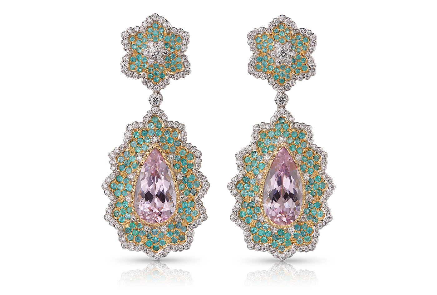  The Buccellati Alyssum cocktail earrings with two kunzites of 15.50 carats surrounded by tourmalines and diamonds from the Il Giardino di Buccellati High Jewellery collection