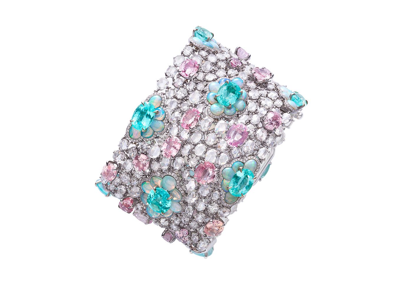  Chopard Red Carpet Collection bracelet with 27.52 carats of Paraiba tourmalines, 40.39 carats of Padparadscha sapphires, 14.37 carats of opals and 36.28 carats of diamonds, worn by Carla Bruni at the Cannes Film Festival 2021