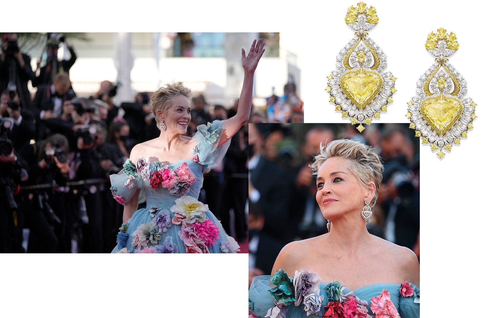 Actress Sharon Stone wears Chopard High Jewellery earrings at the Cannes Film Festival 2021
