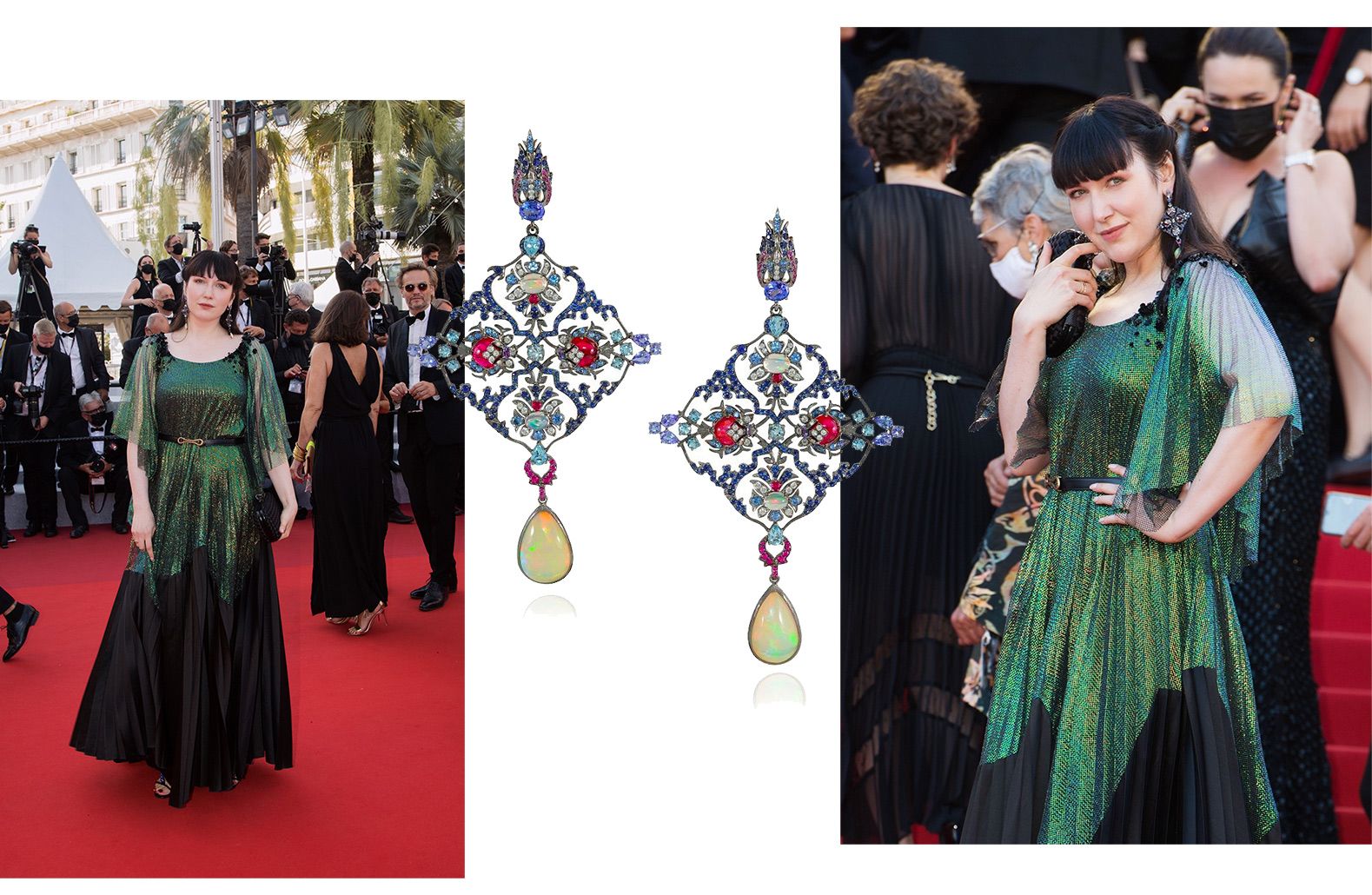 Katerina Perez at the Cannes Film Festival 2021 wearing a Gemy Maalouf gown, Alzuarr shoes and Lydia Courteille earrings from the Topkapi collection