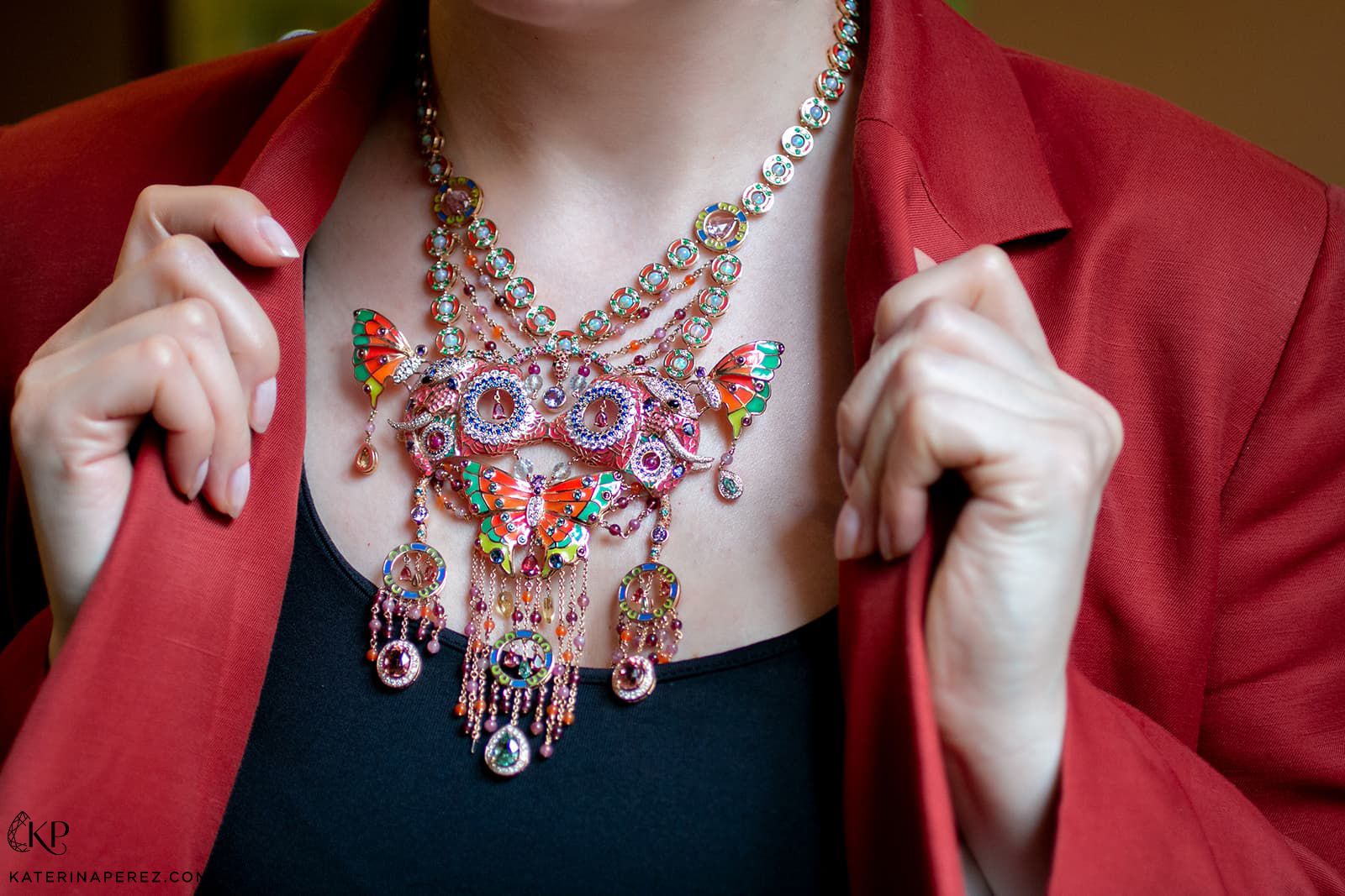 MATHON Paris Nyiama necklace with tourmalines, sapphires, yellow beryls, rhodolites, aquamarines, rubies, opals, iolites, carnelian, black spinel and diamonds