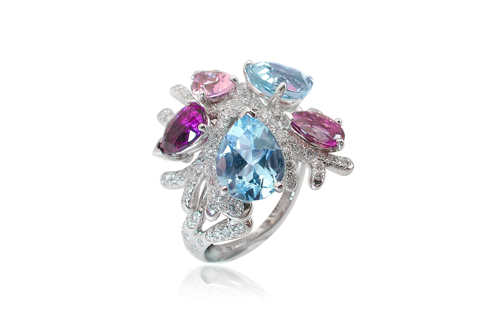  MATHON Paris Corail ring in white gold with 3.18 carats of aquamarines and 1.75 carats of amethysts with diamonds
