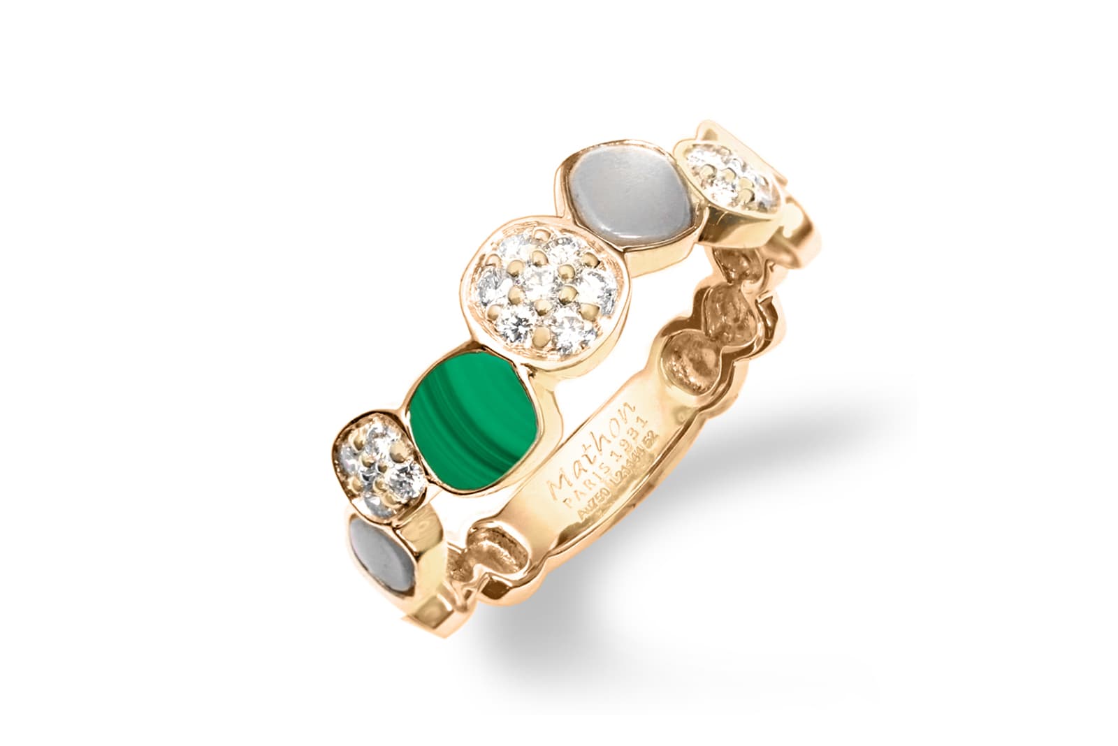  Florin ring in yellow gold with diamonds, malachite and mother of pearl
