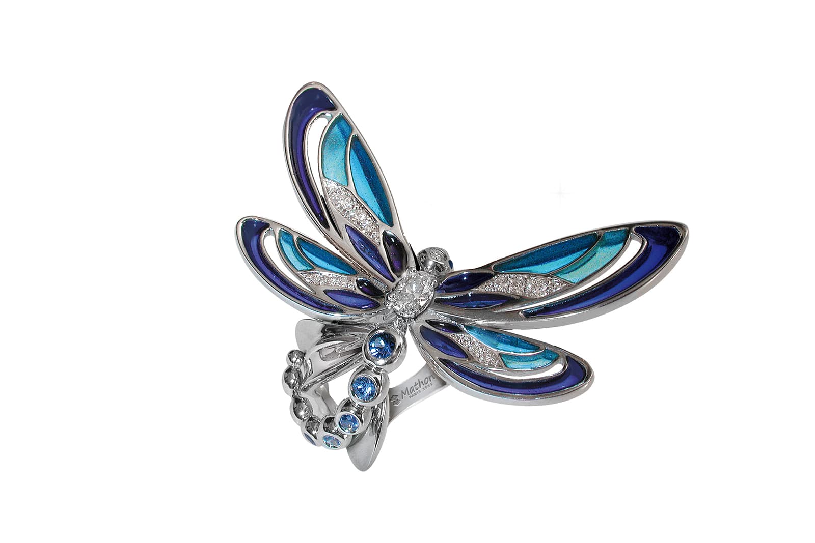  MATHON Paris Demoiselle ring in white gold with sapphires, diamonds and plique-à-jour enamel 