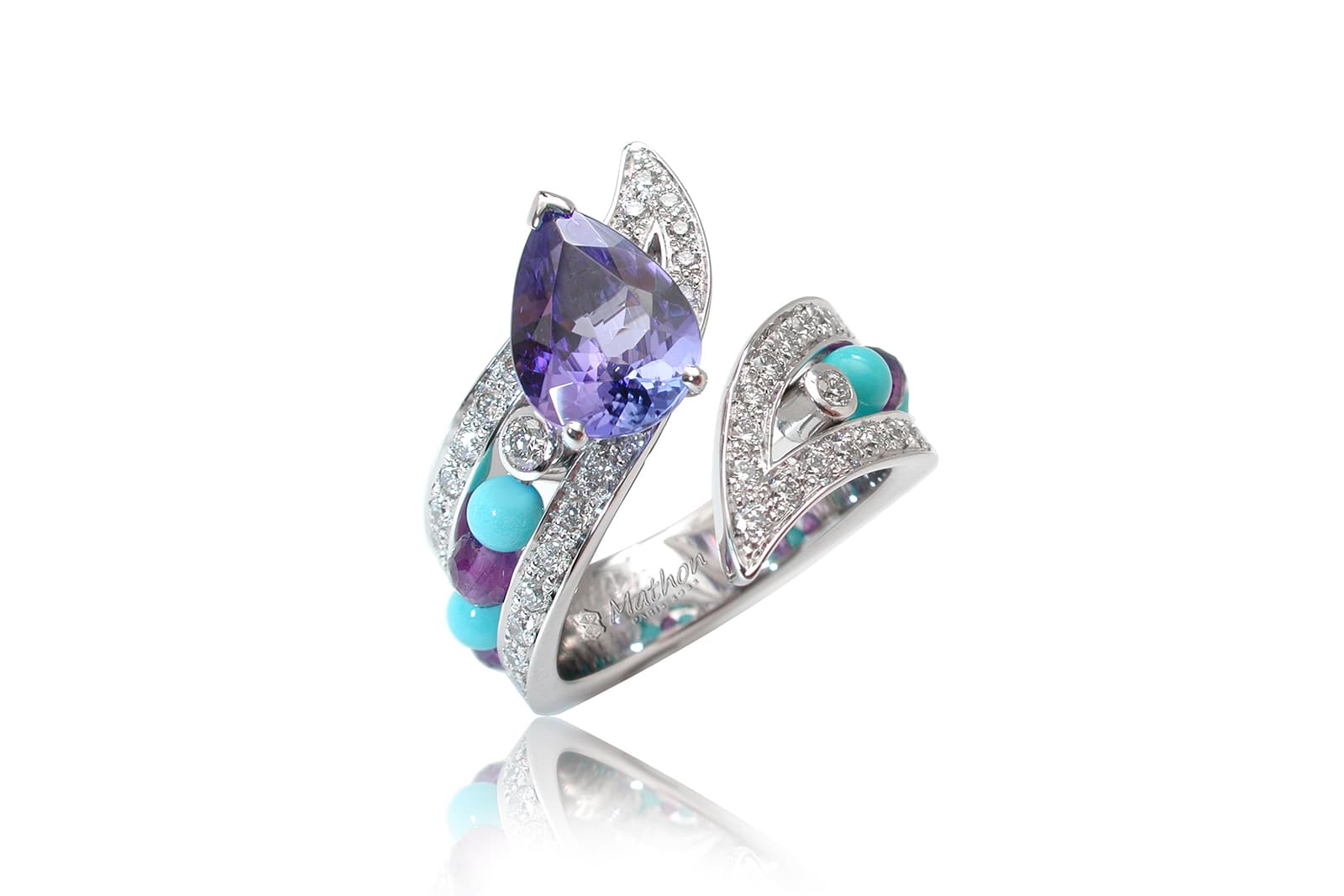  MATHON Paris Ibis ring in white gold with diamonds, tanzanite, turquoise and amethyst beads