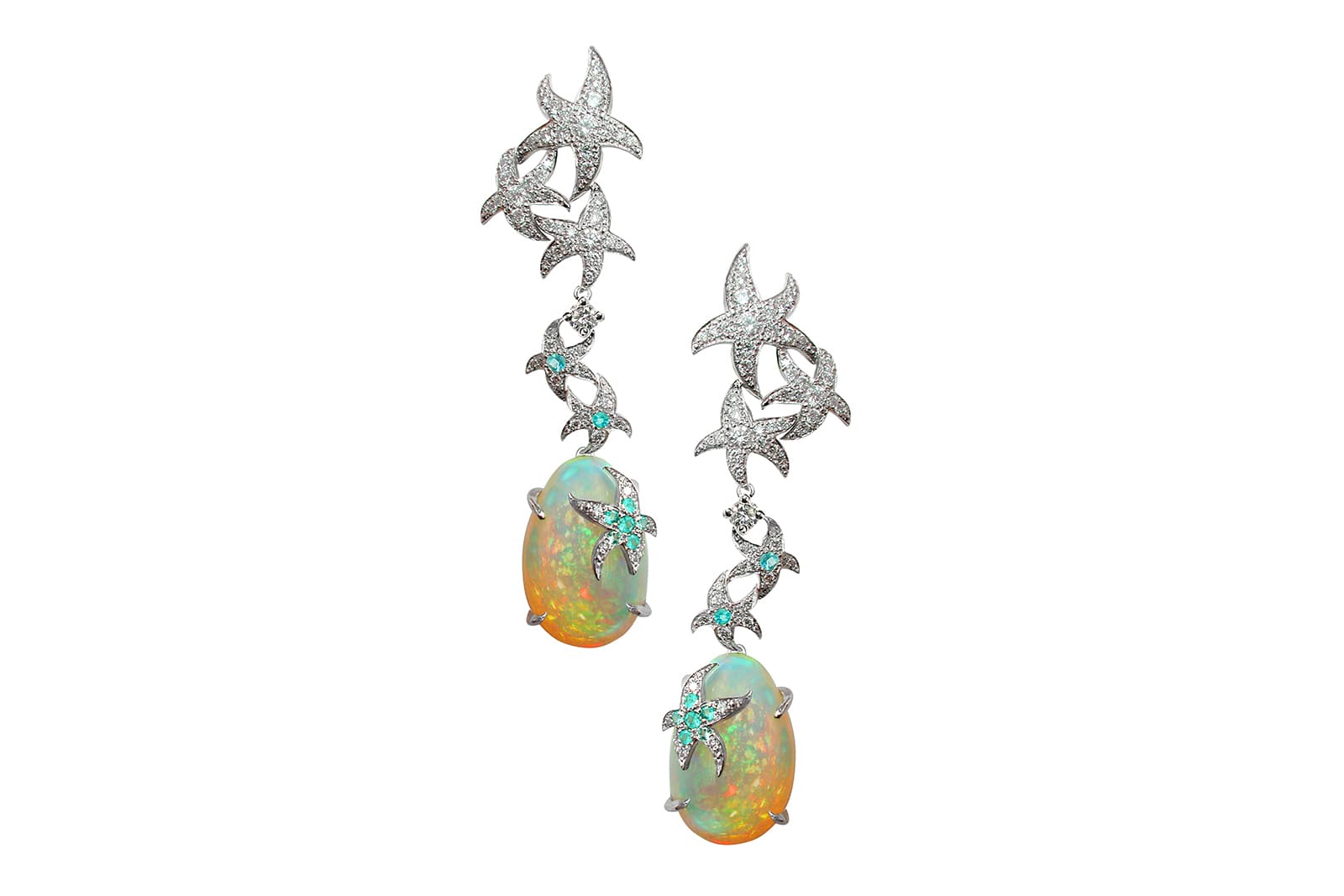 MATHON Paris Océane earrings in white gold with 6.83 carats of Wollo opal, diamonds and Paraiba tourmaline 