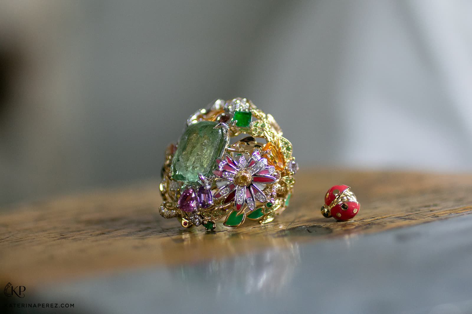  MATHON Paris Printemps coloured gemstone ring with an enamel ladybird 
