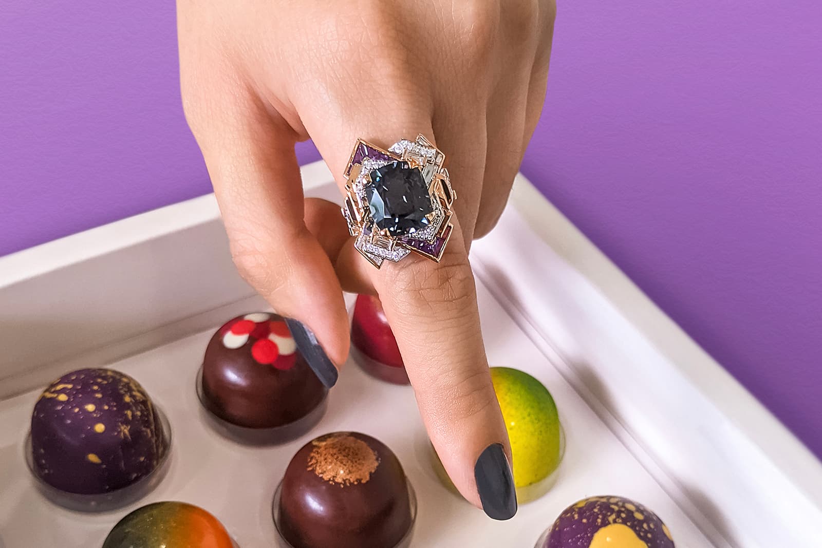MADLY ring with a 5 carat grey spinel, custom-cut amethyst and two-toned gold