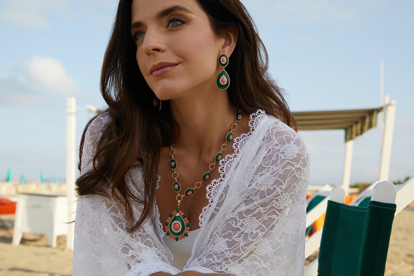  Veschetti Goccia di Mare Rosa jewels with agate, coral and brilliant cut diamonds 