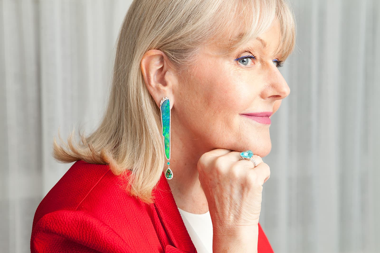  TAYMA Fine Jewellery Aurora Australis earrings with Australian opal slices, diamonds, and Brazilian Paraiba and peacock blue Indicolite tourmalines