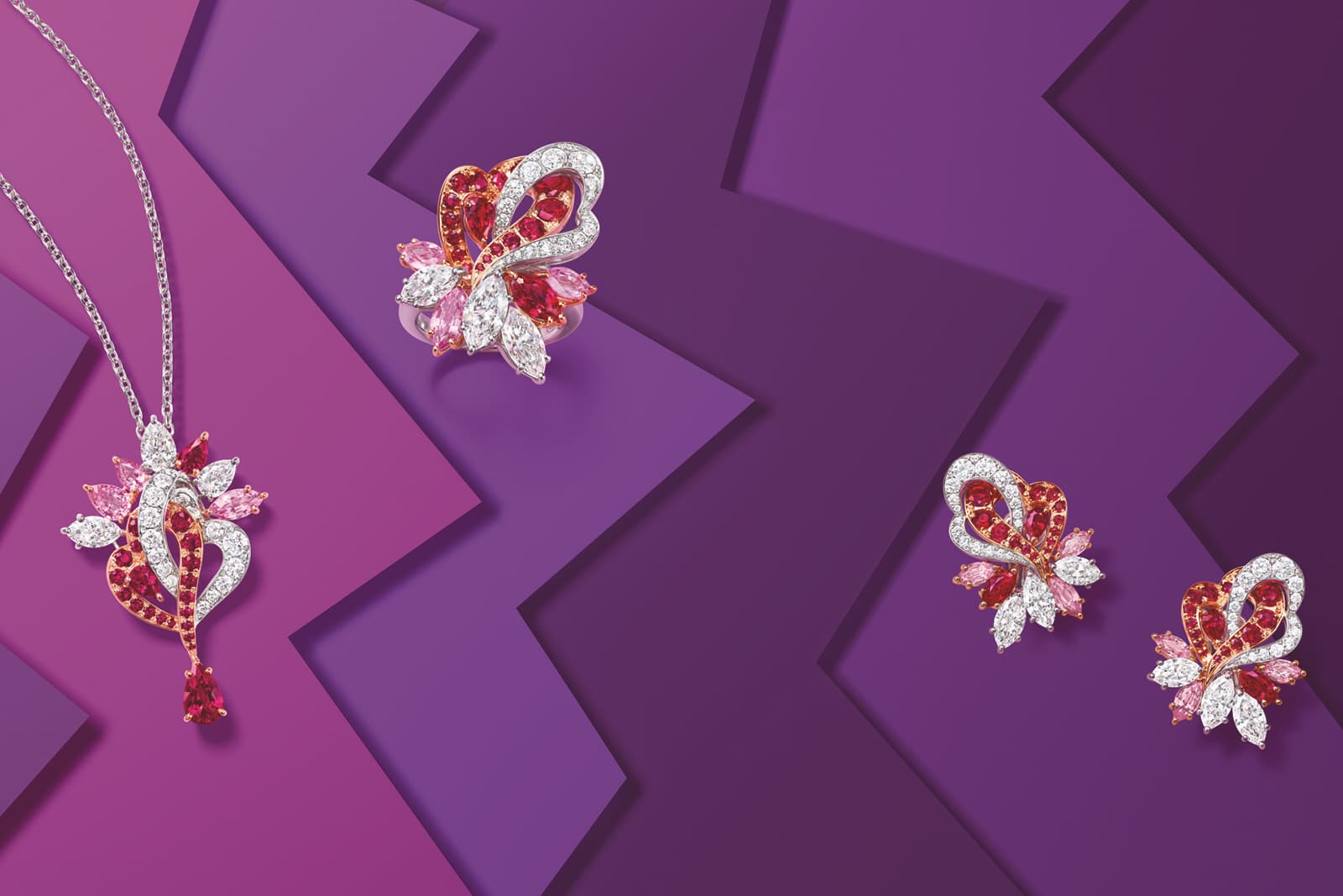  Harry Winston E - Winston Eternal Sweet Heart necklace, earrings and ring with rubies and pink sapphires from the LOVE Collection