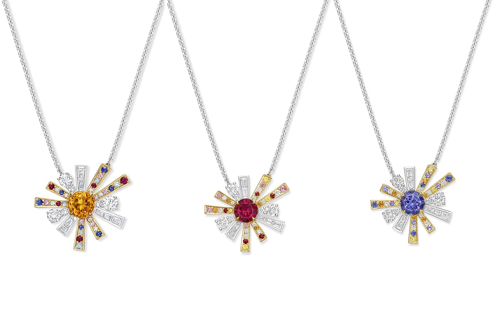  Harry Winston L - Winston Light Sparks pendants with garnet, rubellite and tanzanite centre stones from the LOVE Collection