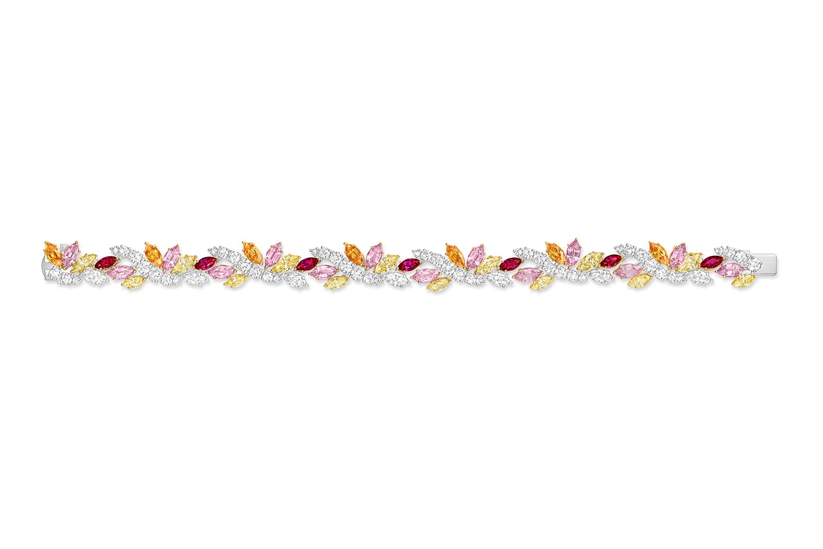  Harry Winston L - Winston Light Brilliant Glow High Jewellery bracelet with yellow and colourless diamonds, pink sapphires, spessartites and rubies from the LOVE Collection