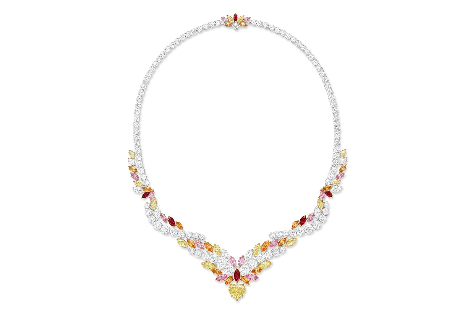Harry Winston L - Winston Light Brilliant Glow High Jewellery necklace with a heart-shaped yellow diamond, pink sapphires, spessartites and rubies from the LOVE Collection