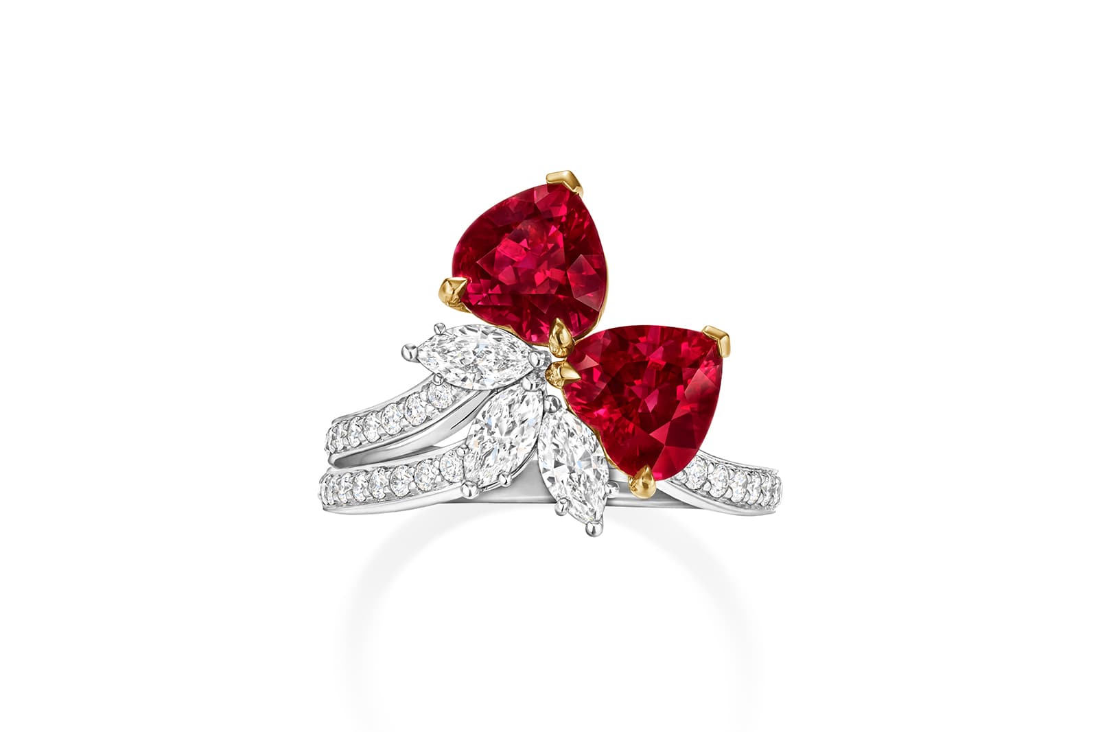  Harry Winston V - Winston Vow Dual Hearts ring with heart shaped rubies and diamonds from the LOVE Collection
