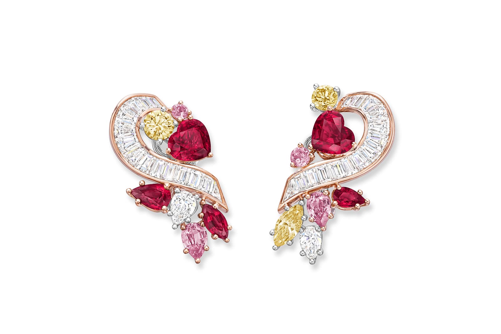  Harry Winston V - Winston Vow Winston Promise earrings with diamonds, rubies, yellow diamonds and pink sapphires from the LOVE Collection