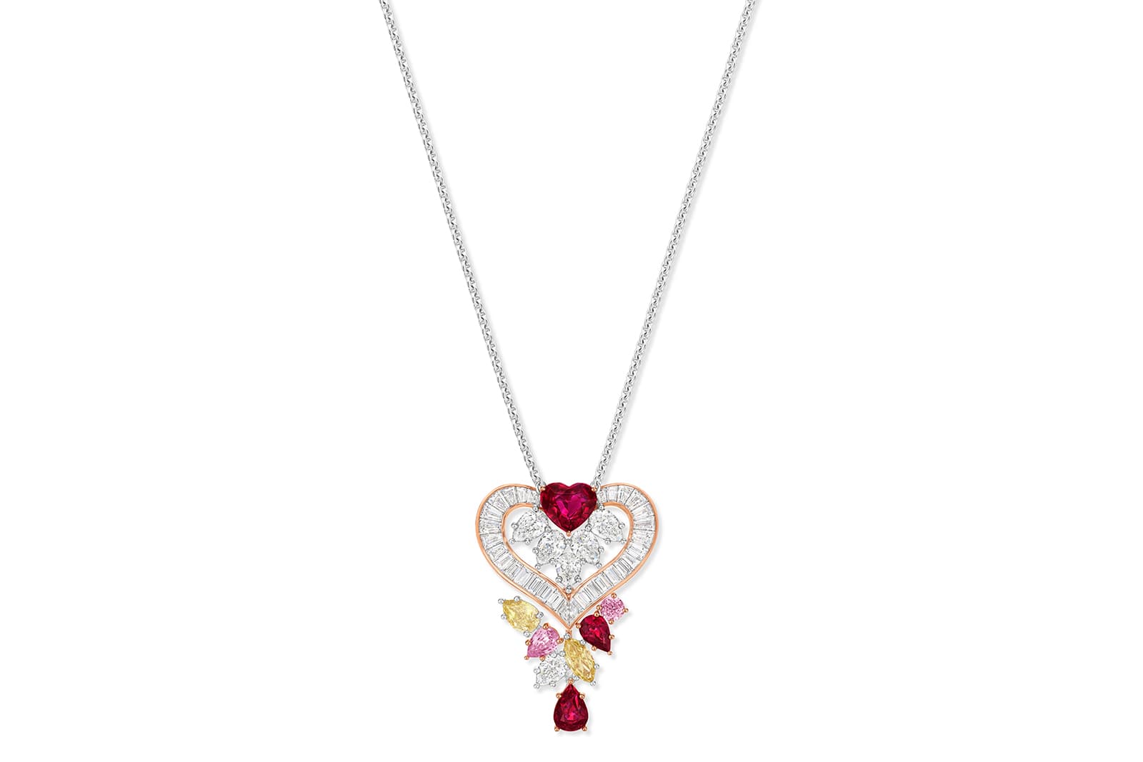Harry Winston V - Winston Vow Winston Promise pendant with diamonds, rubies, yellow diamonds and pink sapphires from the LOVE Collection