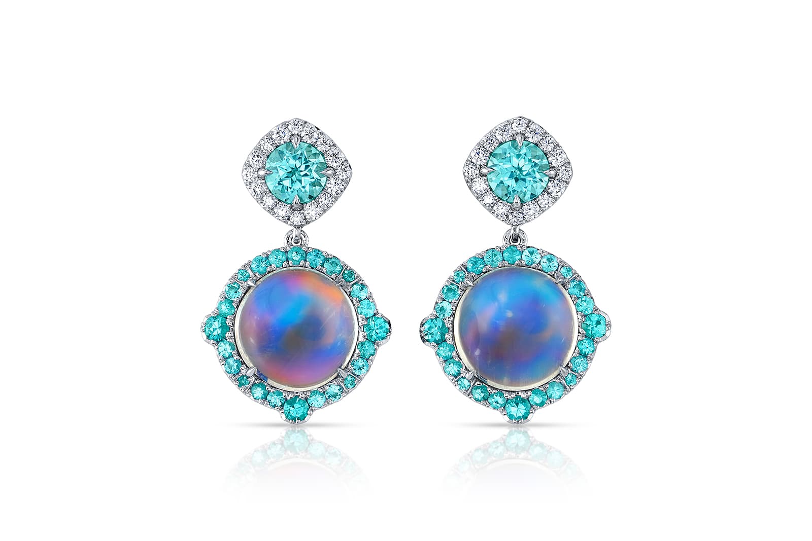  Omi Privé earrings in platinum with 8.15 carats of moonstones accented by Paraiba-type tourmalines and diamonds 
