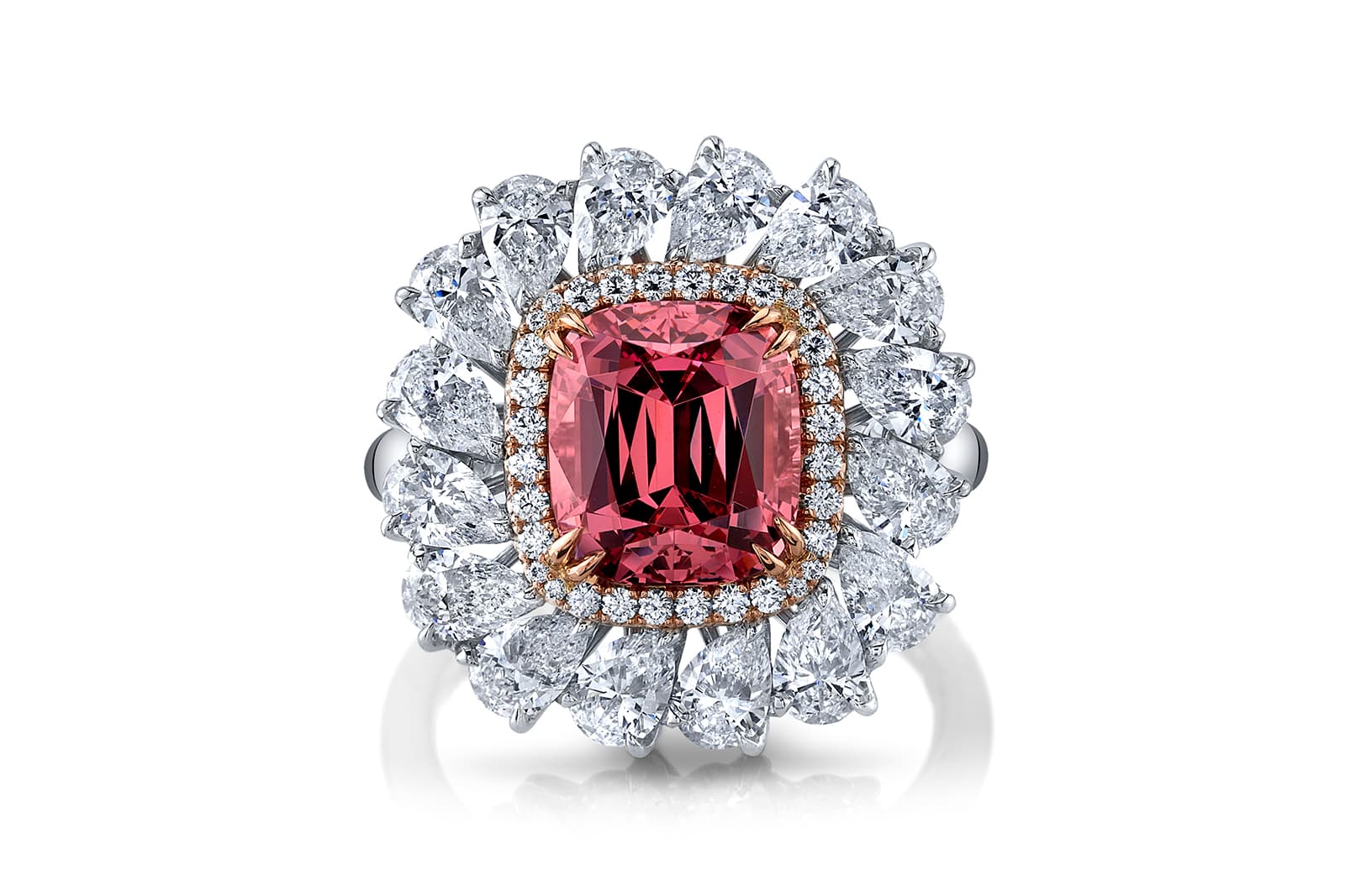  Omi Privé ring in platinum and 18k gold with a 4.38 carat cushion cut peach garnet, surrounded by diamonds