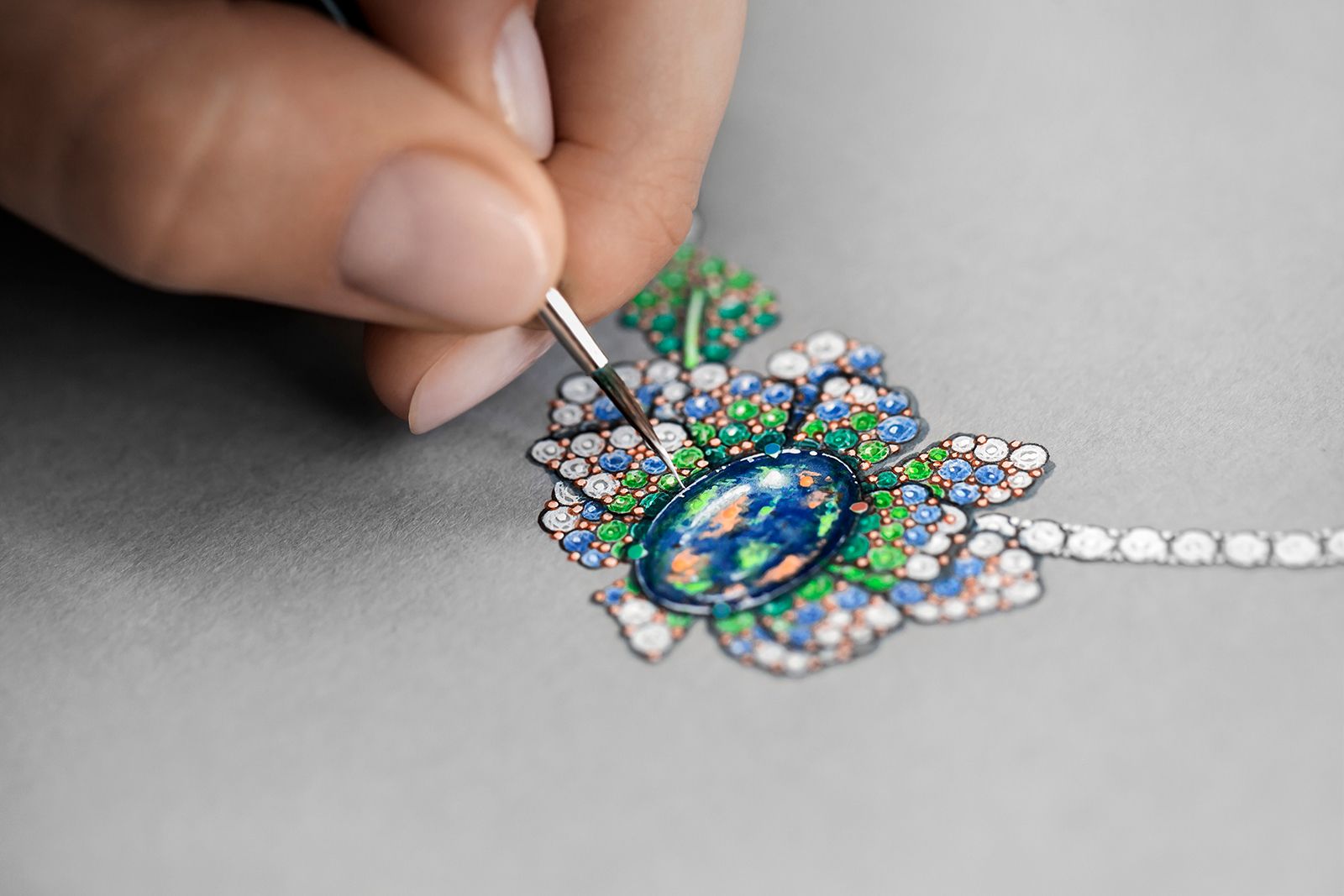  Designing pieces in the Rose Futuriste line, which is part of the Dior Rose High Jewellery Collection