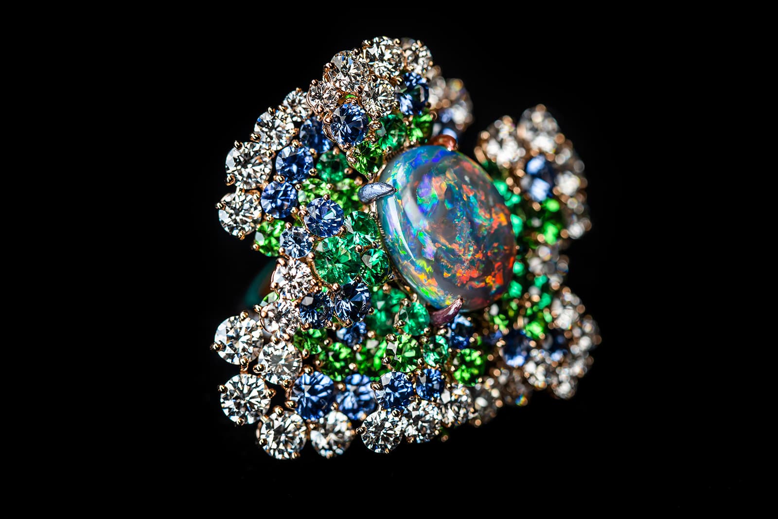  Dior Rose Rose Futuriste Black Opal Ring in white and pink gold, diamonds, black opals, tsavorite garnets, sapphires, emeralds, purple, red, green and blue lacquer