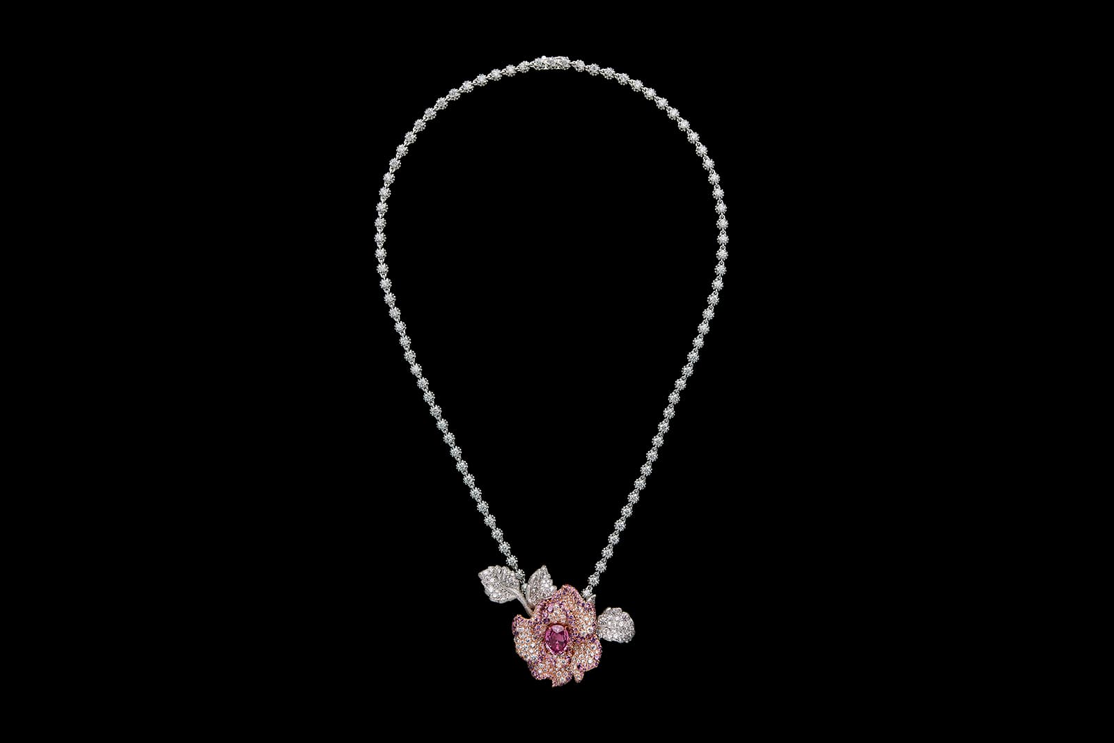  Dior Rose Rose Mantique Pink Sapphire necklace in white and pink gold, diamonds, purple garnets and pink sapphires 