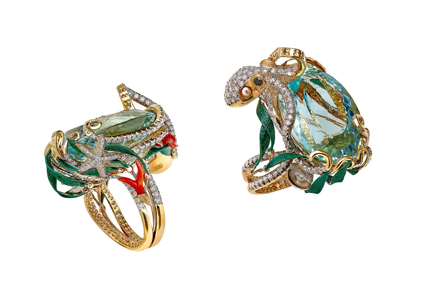  Ricardo Basta aquatic aquamarine ring with octopus and starfish details 