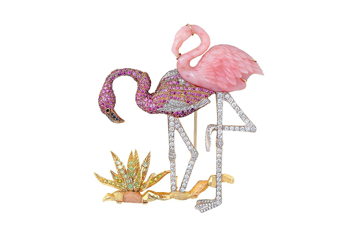  Ricardo Basta Flamingo brooch in pink opal and pink sapphire Flamingo brooch decorated with diamonds, demantoid garnets set in 18k gold and platinum