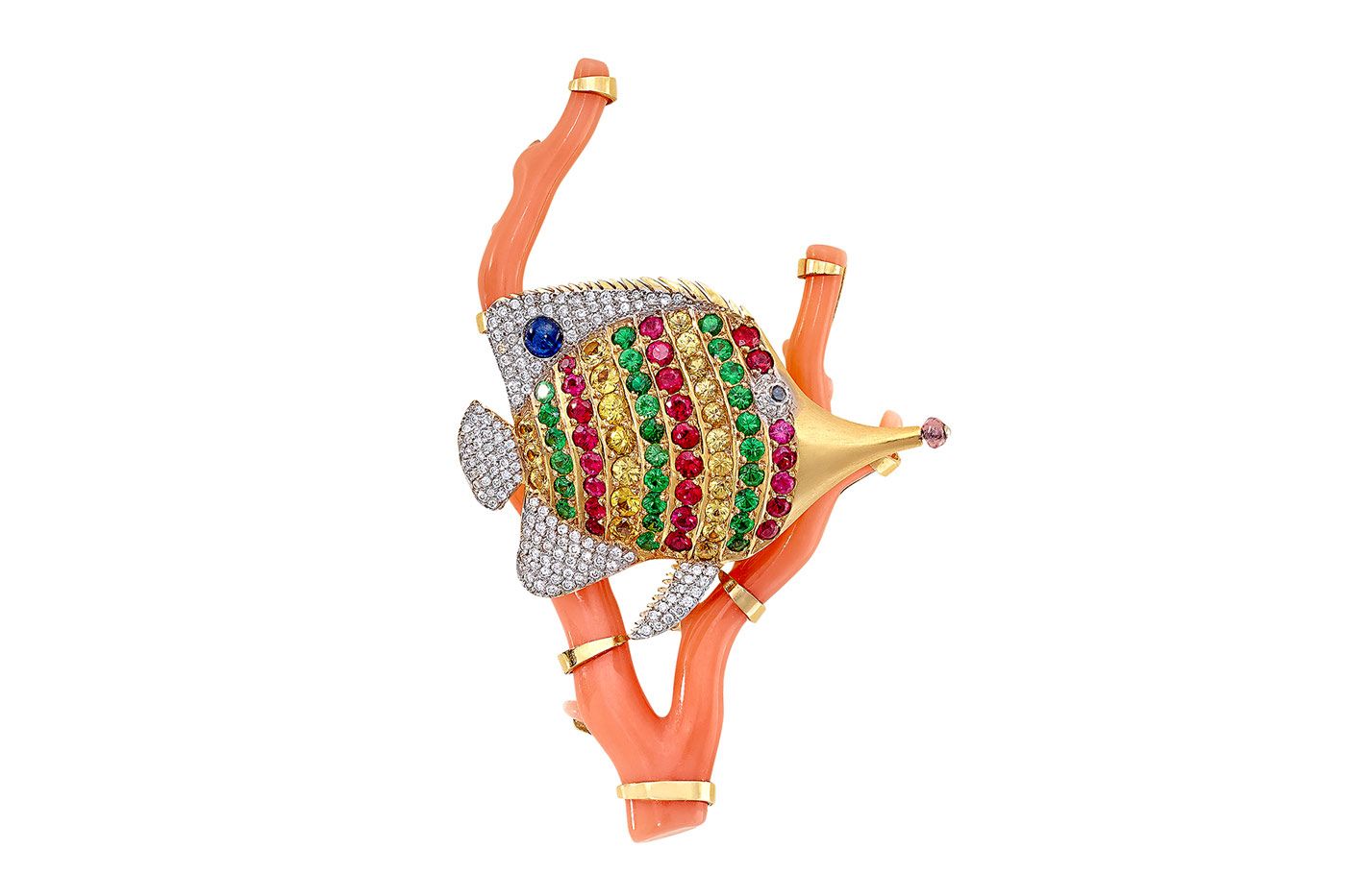  Ricardo Basta brooch with rubies, tsavorites, yellow sapphires and diamonds on coral