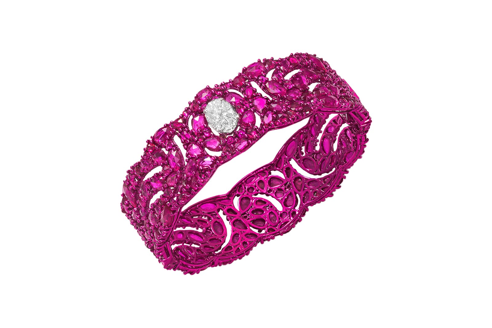  Nour by Jahan Divine Passion bracelet with four diamonds set in an oval-shaped cut setting weighing 0.94 carats, set with 254 mixed-cut pinkish rubies weighing 31.80 carats in total