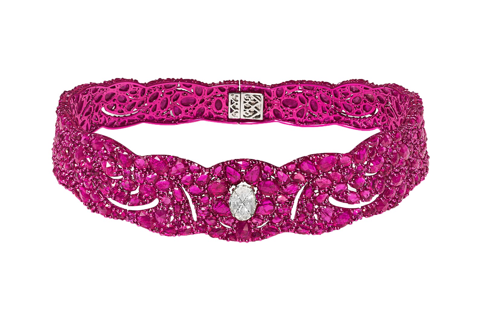 Nour by Jahan Divine Passion choker with nine fancy-cut diamonds weighing 1.75 carats, set with 347 oval-cut rubies weighing 120.89 carats in total