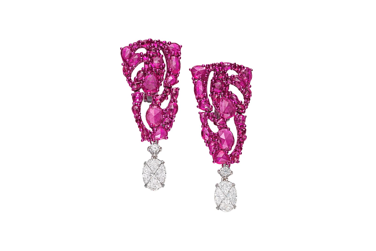  Nour by Jahan Divine Passion earrings with eight diamonds set in an oval-shaped cut setting weighing 1.75 carats, 70 mixed-cut pinkish rubies weighing 9.92 carats in total and round brilliant-cut diamonds